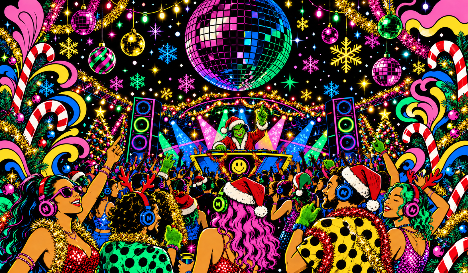 A colourful festive Dirty Disco crowd dancing beneath a mischievous green Christmas DJ
