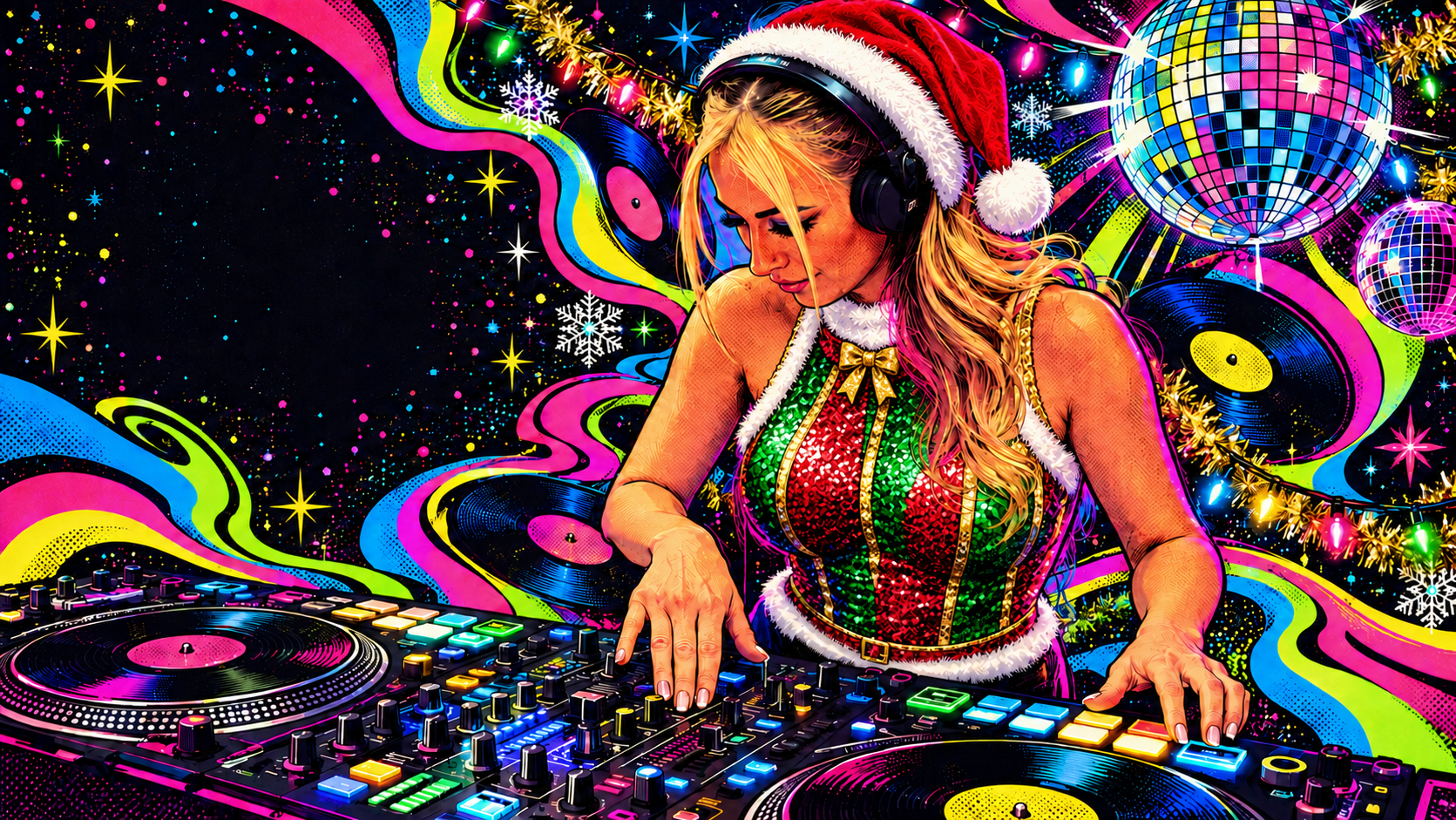 Colourful psychedelic illustrated portrait of Char Cole in a modest sequinned festive outfit and Santa hat performing at the decks