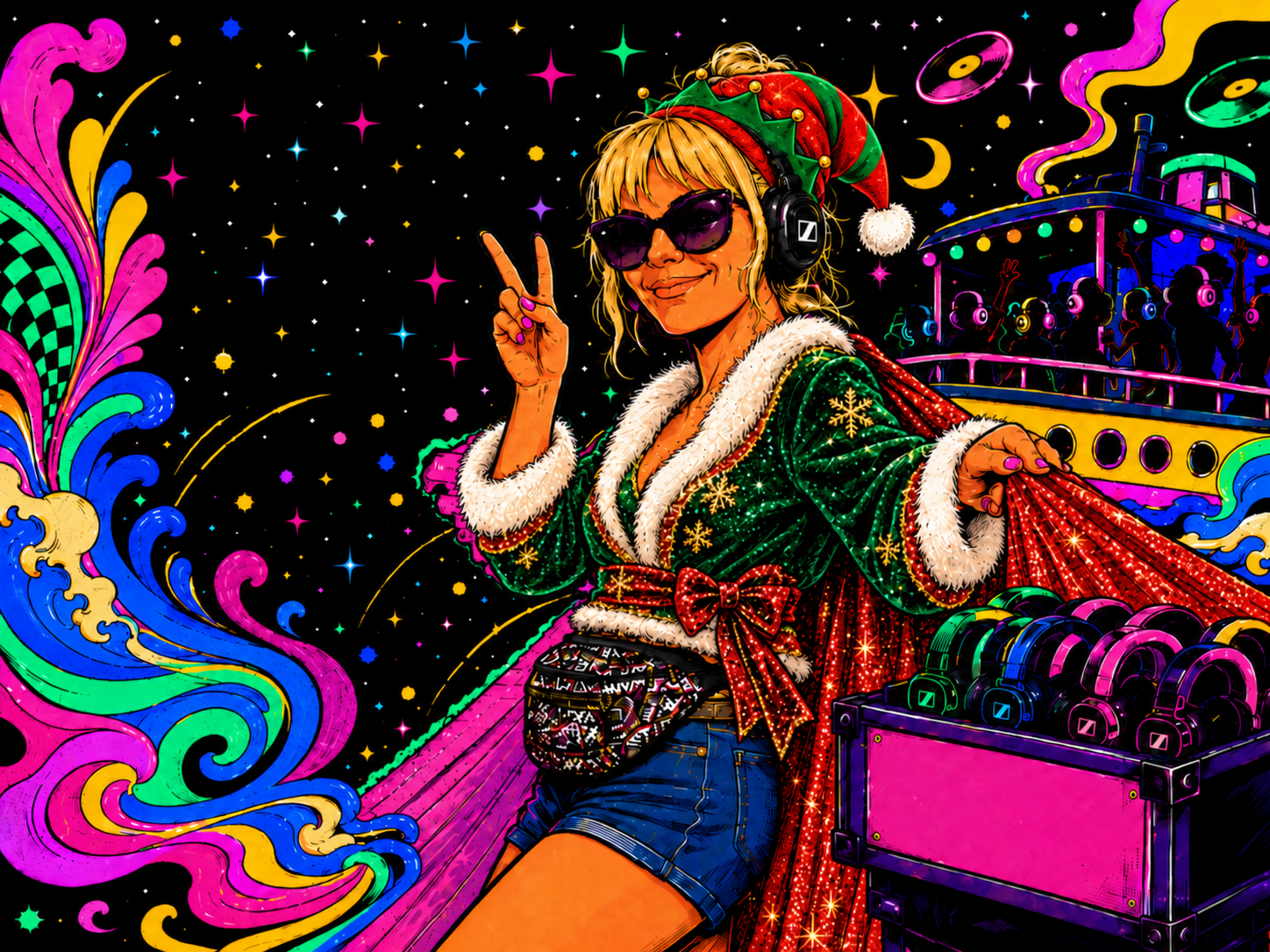 Colourful illustrated portrait of Fairy Lou in a sparkling festive outfit and elf hat, Dirty Disco co-host and silent disco headset supplier
