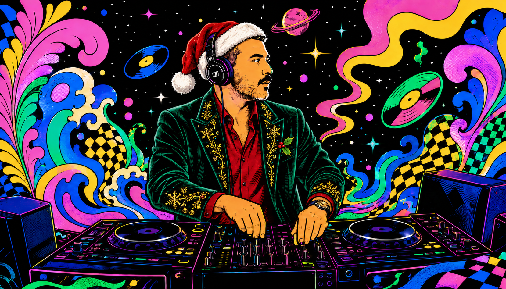 Colourful illustrated portrait of DJ Xris Koko in a festive velvet jacket and Santa hat performing behind the decks